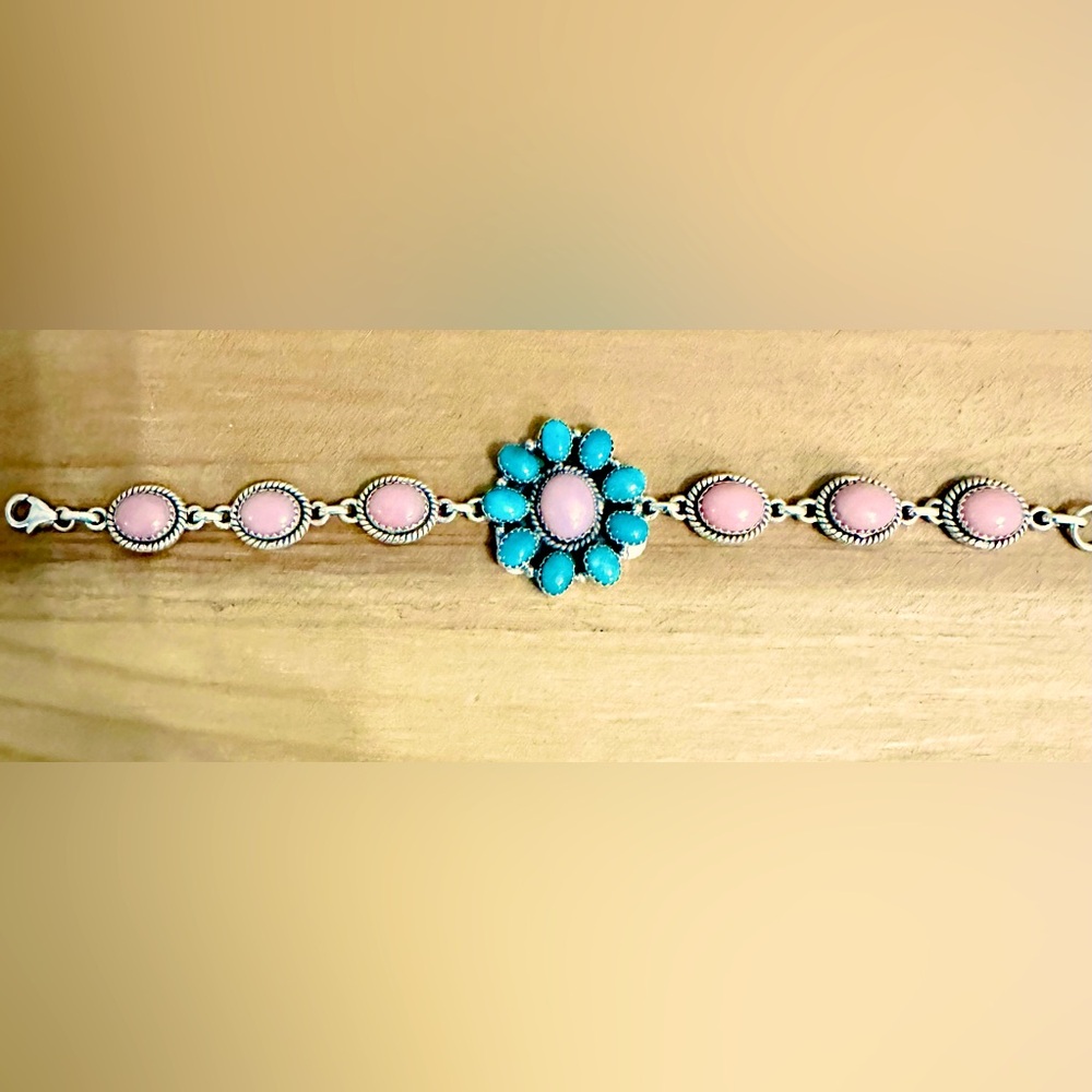 NWT Sterling Silver Pink Opal and Kingman Turquoise Bracelet
